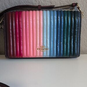 Coach Anna Foldover Crossbody Clutch With Rainbow Linear Quilting